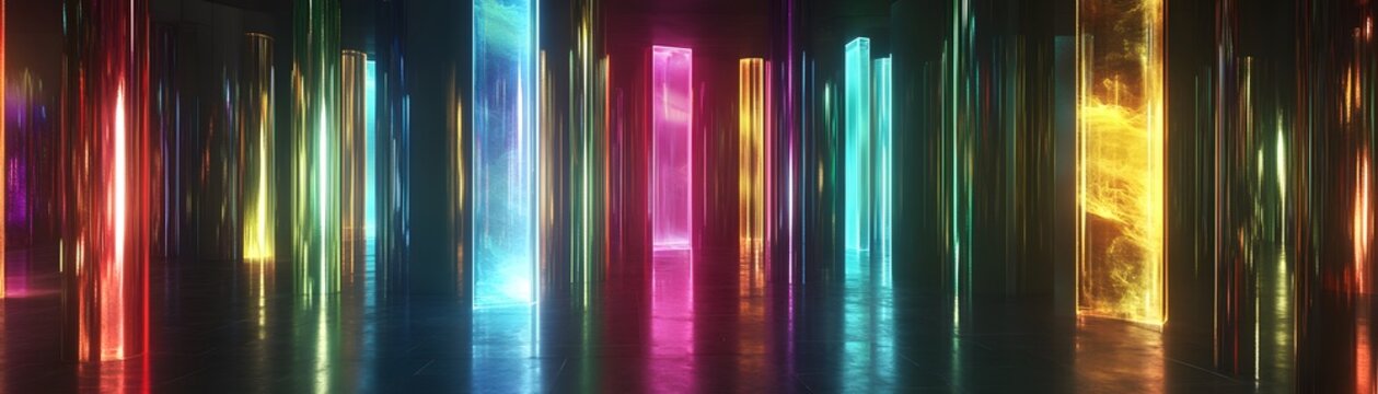 Colorful, vibrant passageway with glowing columns.