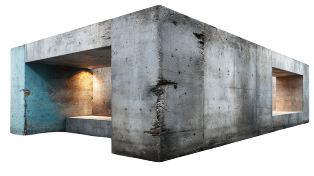 Modern Concrete Architecture: A stark geometric building stands as a testament to modern design, with its strong lines, raw concrete texture, and illuminated interior.