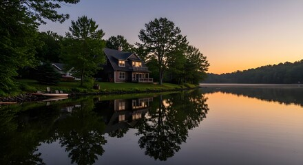 Fototapeta premium Serene House Reflection at Sunrise Over Calm Lake Water