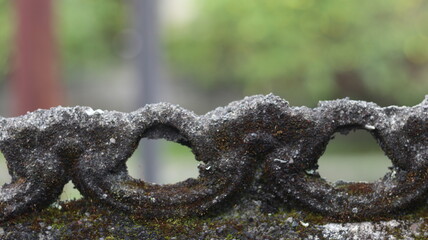 Close-up of Weathered Stone Fence with Intricate Design