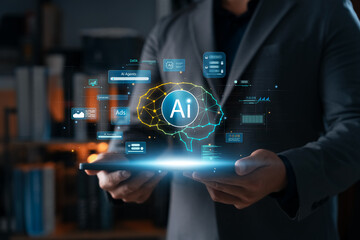Artificial intelligence and data technology concept with businessman holding tablet and virtual AI brain interface. Representing machine learning, analytics, and digital transformation.