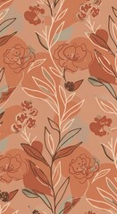 Floral Pattern with Leaves and Berries on Peach Background