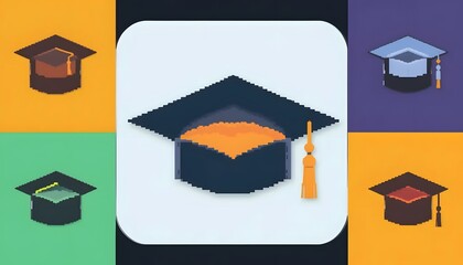 Graduation Pixel Art Caps Displaying Academic Success and Achievements
