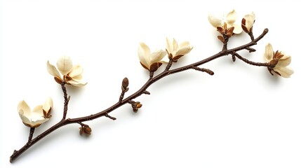 Elegant magnolia branch with delicate creamy white blossoms isolated on pure white background calm