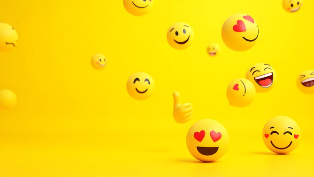 A vibrant scene filled with colorful floating emojis showcasing various expressions, each embodying unique emotions against a bright yellow background that uplifts the spirit.