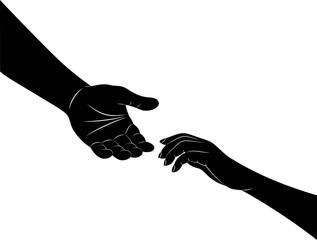 Silhouette helping hands vector transparent PNG. One hand reaching down and another reaching up. Supporting hands. Call for aid. Asking for help. Silhouette hands PNG.