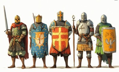 Obraz premium Knights in Formation: A band of armored knights stands at attention, exuding strength and readiness. Their various attire and weapons hint at a rich history and tales of valor.