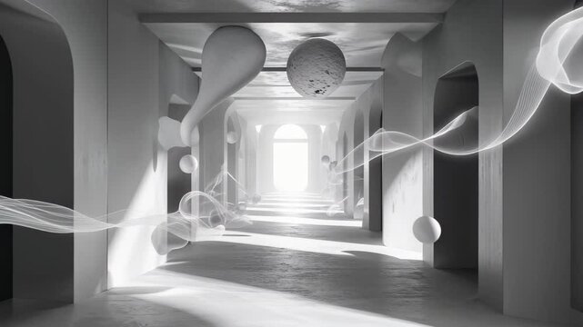 Surreal Monochrome Passageway Animation with Ethereal Particles and Dynamic Visual Illusions