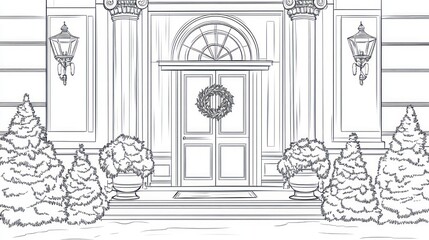 Fototapeta premium Elegant home entrance, winter wreath, festive plants, snowy background; holiday card