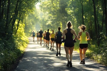 Obraz premium Group of people running together on a sunlit forest path surrounded by tall green trees