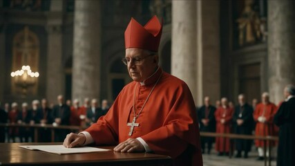 Catholic cardinals dressed in red vestments sit solemnly in pews, praying and silently awaiting the smoke signal during the papal conclave.