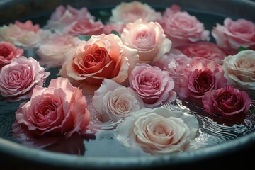 Obraz premium Softly lit close-up of various pink, red, and white roses floating gently on water creating a calm and delicate atmosphere