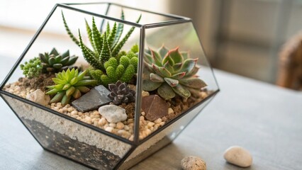Close up of cube glass terrarium with green plants and moss detailed view