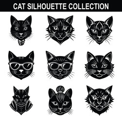 Collection of stylish black cat silhouette vector illustrations depicting various personalities and cool expressions
