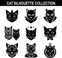Diverse collection of black cat silhouette illustrations showcasing unique designs and styles