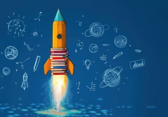 Illustration of a pencil-shaped rocket made of stacked books launching upward with flames against a blue background filled with hand-drawn science and education doodles
