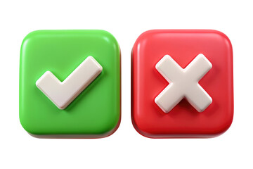 3D Green Check Mark and Red Cross Icon Set for UI, App Feedback, or Approval Interface isolated on transparent white background, clipping path