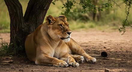 Obraz premium Lioness Resting in the Shade Under a Tree in a Natural Setting