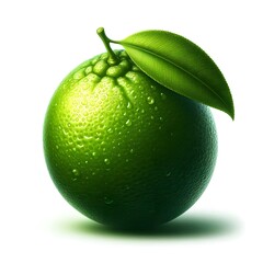 A green lemon fruit with a leaf isolated on a white background