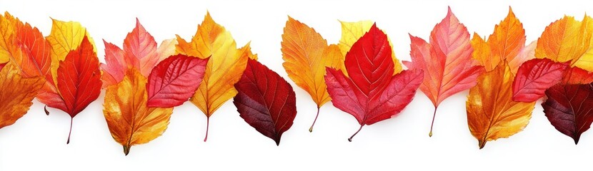 A row of colorful autumn leaves in various shades of red, orange, and yellow arranged on a white background with visible textures and veins
