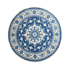 Intricately Patterned Blue and White Circular Design, A Blend of Floral, Geometric, and Abstract Elements in Detailed Artwork