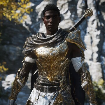 Fototapeta Dark Haired Muscular Man in Golden Armor Outdoors