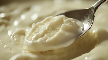 Close-up Spoon Slicing Through Creamy Panna Cotta Dessert