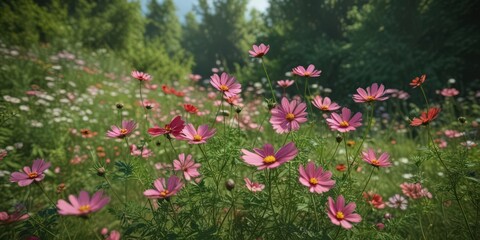 Fototapeta premium Cosmos flower heads in full bloom, surrounded by green foliage , closeup, details, bloom
