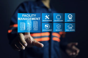 Facility management concept with engineering manager is manage and monitoring facility works infrastructure system in smart city and manufacture plant