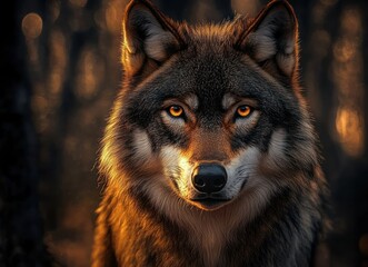 Fototapeta premium Close-up portrait of a majestic wolf with intense amber eyes in a dim forest setting conveying strength and mystery
