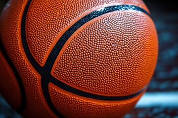 Fototapeta premium Close-up of an orange basketball showing detailed texture and black seams with a blurred dark background