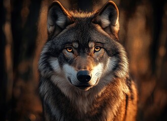 Fototapeta premium Close-up of a focused grey wolf with amber eyes in a softly lit forest background during golden hour