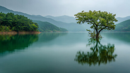 Obraz premium Serene lake landscape single tree reflection mountains
