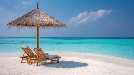 Beach chair under umbrella offers ocean view for tropical vacation relaxation