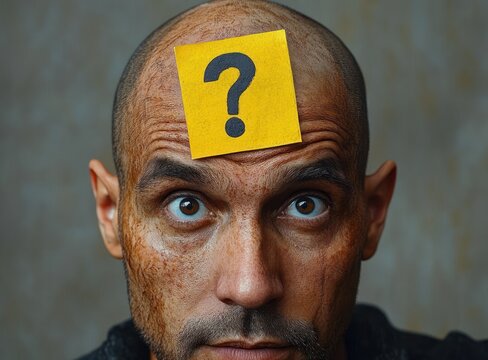 Close-up of a bald man with intense eyes and facial scars staring ahead with a yellow sticky note featuring a large question mark on his forehead expressing confusion or questioning