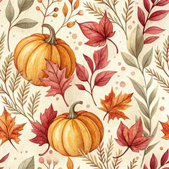 seamless watercolor pattern autumn leaves and pumpkin on white background	
