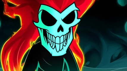 Glowing light blue skull with flame red hair and piercing black eyes, cartoon figure floating in dark cave, eerie, mysterious, spooky illustration - Powered by Adobe