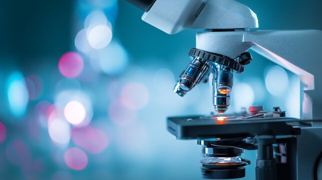 Modern Science Lab with Microscope and Abstract Background. Generative AI