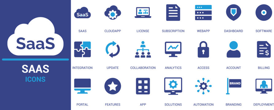 
SaaS icon set featuring cloud app, subscription, analytics, integration, dashboard, software, and deployment. Ideal for web UI UX tech and digital product design.

