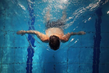 Top view of a person swimming underwater in a clear blue pool with arms stretched out creating water ripples and bubbles