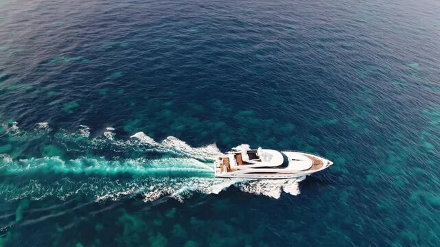 a luxury yacht gracefully gliding through the vast, turquoise ocean, leaving a trail of white foam