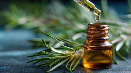 Rosemary essential oil dripping into a bottle