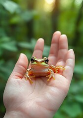 Small green and yellow frog with large eyes sitting calmly in an open human palm with blurred green natural background