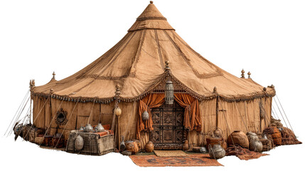 Majestic Tent: A beautifully detailed tent with intricate designs and vibrant colors evokes a sense of exoticism and wonder. It stands as a symbol of adventure, luxury, and the nomadic lifestyle.