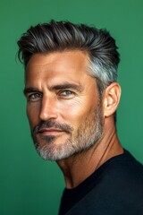 Fototapeta premium A classic beauty man with timeless elegance. Green solid background. Concept art visual design of style for aging men. Classy men's quiff haircut - midlife white man with grey hair.