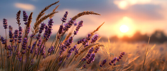 Obraz premium Lavender field at sunset with soft golden light in countryside mood 