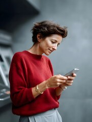 Modern Woman in Red Sweater Checking Phone
