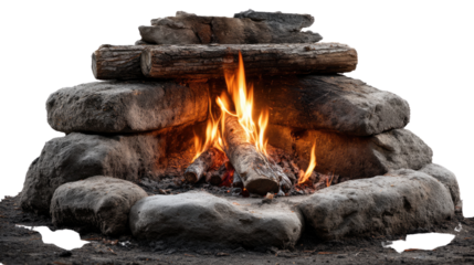 Stone Fireplace with Burning Wood: A rustic stone fireplace, built from rough-hewn stones, contains a vibrant, crackling fire. The warm glow of the flames creates a cozy and inviting atmosphere.