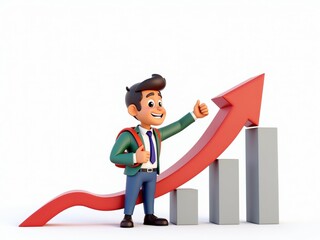 Cartoon man showing thumbs up with arrow and chart on a white background 3D plastic style 3D plastic style
