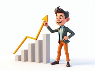 Cartoon man showing thumbs up with arrow and chart on a white background 3D plastic style 3D plastic style